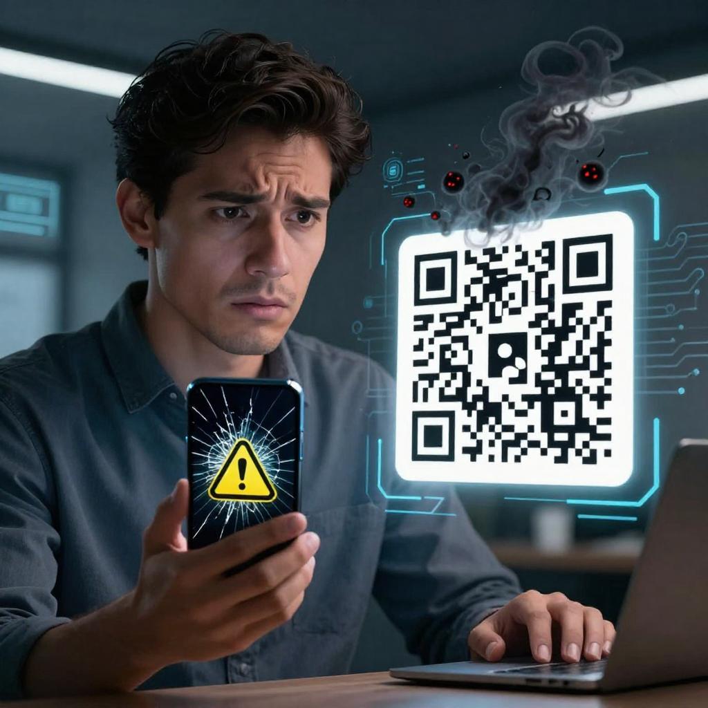 A realistic, professional digital illustration showing a close-up of a worried Latinx man in his 30s holding a smartphone displaying a cracked screen with a warning symbol, next to a floating large QR code emitting dark, smoky digital malware effects. The background is a modern, dimly lit office environment with subtle tech elements like circuit patterns and holographic security alerts, conveying the hidden dangers of scanning malicious QR codes. The overall mood is tense and cautionary, emphasizing cybersecurity risks.