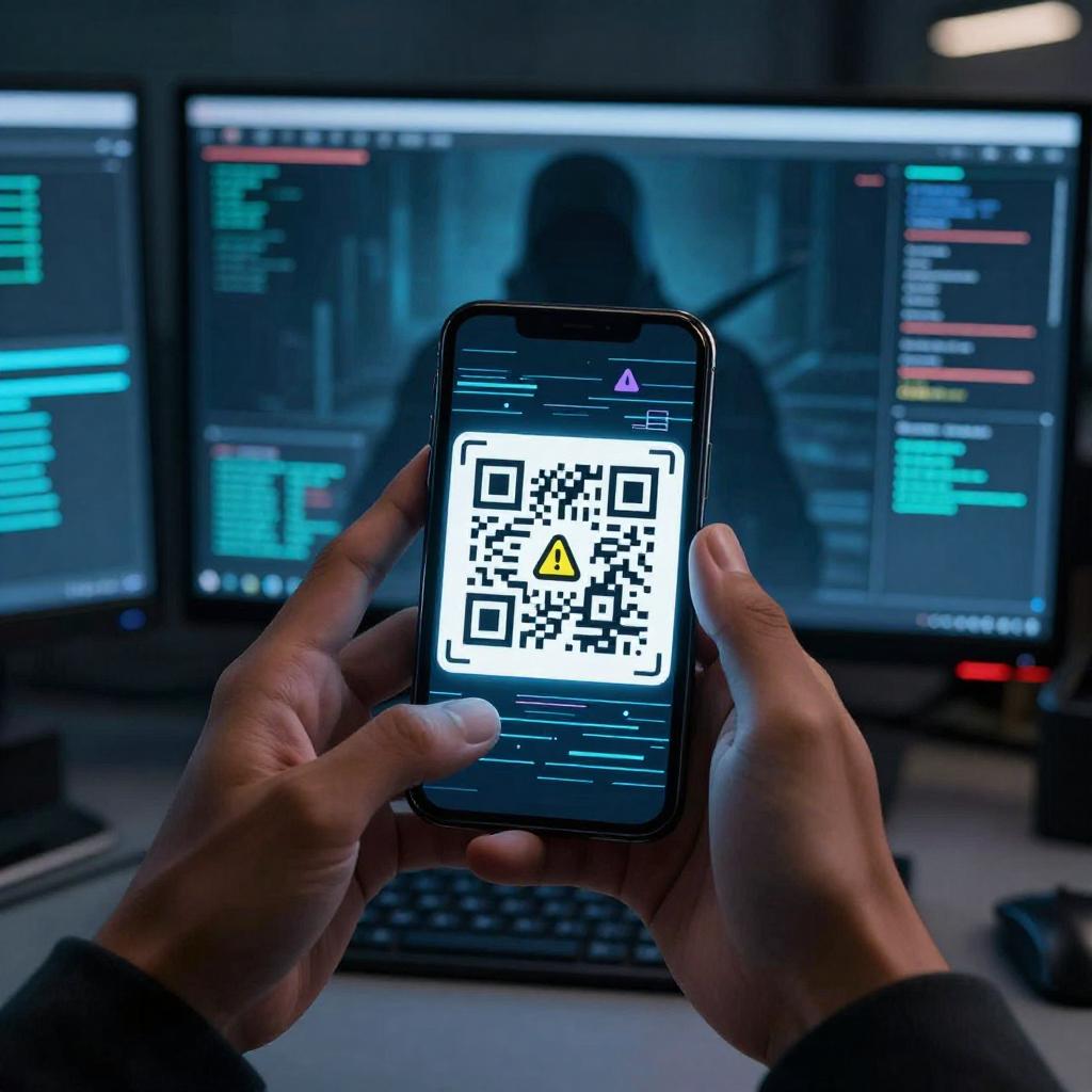 A detailed, realistic digital illustration showing a close-up of a Latinx person’s hands holding a smartphone, scanning a QR code displayed on a digital screen. The screen has an overlay of a sinister, shadowy figure or hacker silhouette in the background. Around the QR code, subtle digital glitch effects and warning icons emphasize hidden cyber threats. The setting is a modern, dimly lit office environment with multiple monitors displaying cybersecurity graphs and alert messages, conveying the serious nature of URL shortener attacks. The overall mood is tense and investigative, highlighting the theme of unveiling hidden dangers behind seemingly harmless QR codes.