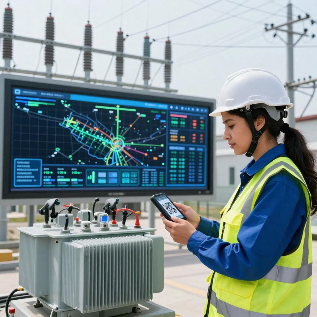 A modern, high-tech energy management control room featuring large digital screens displaying a smart grid map with real-time data. In the foreground, a confident Latinx utility worker in a safety vest and helmet is scanning a QR code on an electrical transformer using a handheld smart device. The scene highlights advanced smart grid maintenance technology with clear visuals of interconnected power lines and utility poles. The environment is bright and professional, emphasizing innovation and efficiency in energy and utility management.