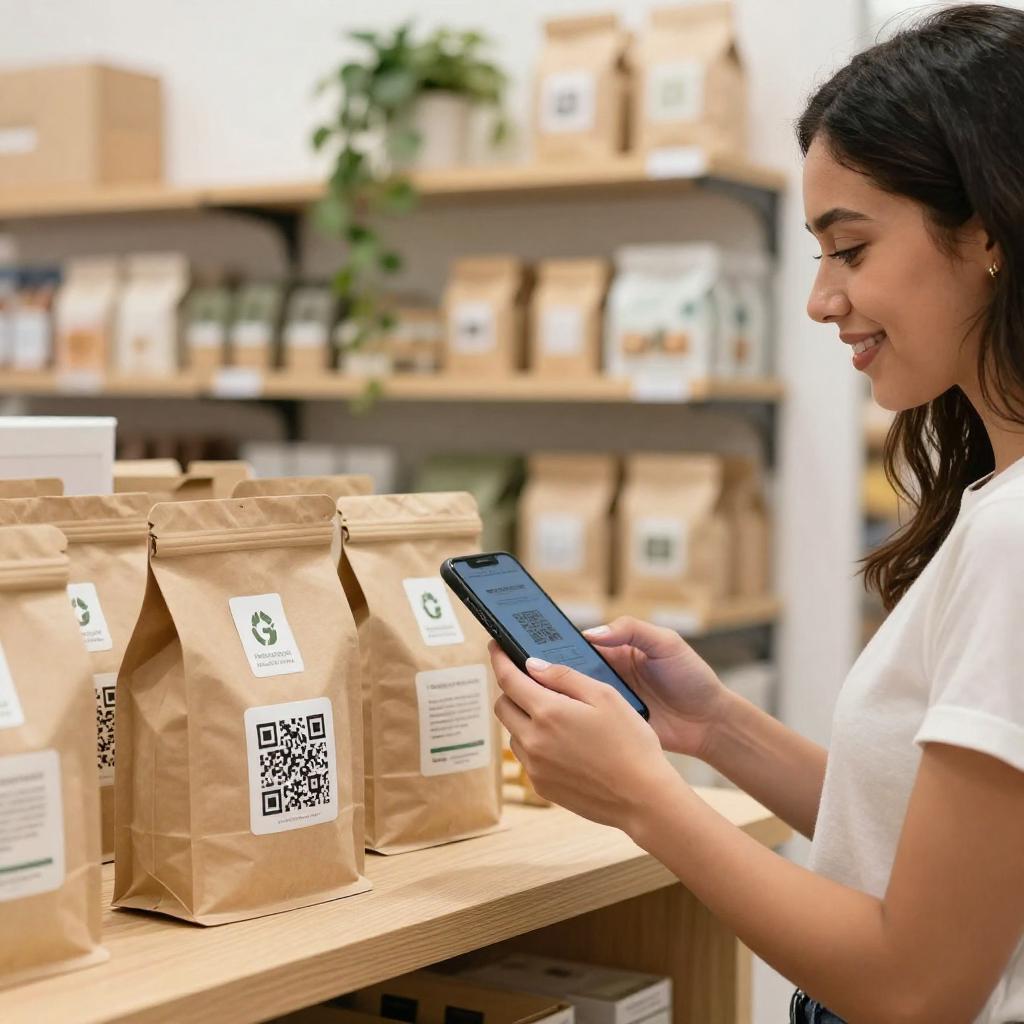 A bright, modern retail setting showcasing eco-friendly product packaging made from recycled materials like kraft paper and biodegradable plastics. Prominently featured on the packaging are clear, well-designed QR codes, inviting customers to scan for detailed information about the brand’s sustainability practices. A young Latinx woman with a friendly expression is holding one of the packages and scanning the QR code with her smartphone, symbolizing consumer engagement with environmentally conscious brands. The background includes shelves with various sustainable products and subtle greenery elements, emphasizing an eco-friendly atmosphere. The overall scene is clean, professional, and warmly lit, highlighting innovation in sustainable packaging and technology integration.
