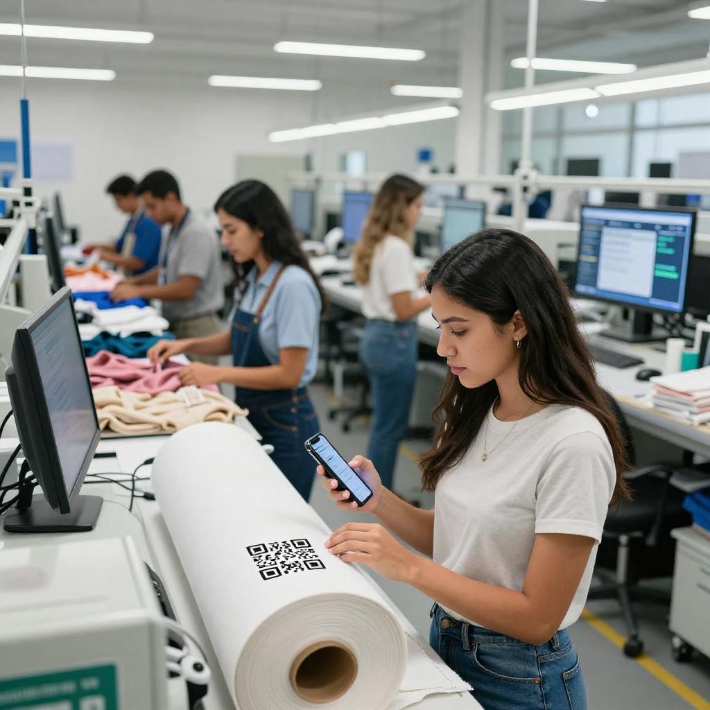 A modern, bright textile manufacturing facility showcasing the supply chain transparency concept, with diverse Latin American professionals actively engaged in the production process. In the foreground, a young Latina woman wearing smart casual attire scans a QR code on a fabric roll using a sleek smartphone, symbolizing traceability technology. Around her, coworkers inspect garments and operate machines amidst neatly organized materials and digital displays highlighting data flow. The environment combines advanced technology with sustainable, ethical fashion elements, emphasizing clarity and accountability in the fashion supply chain. The overall mood is collaborative, innovative, and forward-thinking.