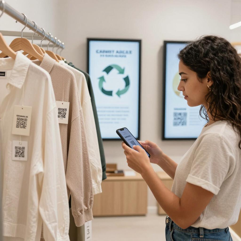 A modern, bright retail environment showcasing circular fashion concepts, featuring a Latina woman scanning a QR code on a stylish, sustainable clothing item using her smartphone. The scene highlights tags on garments with clear QR codes indicating options for product resale and repair services. Nearby, a digital display shows information about garment lifecycle, repair workshops, and second-hand market. The atmosphere is eco-friendly and tech-savvy, with natural materials and minimalistic design elements emphasizing sustainability and innovation in fashion.