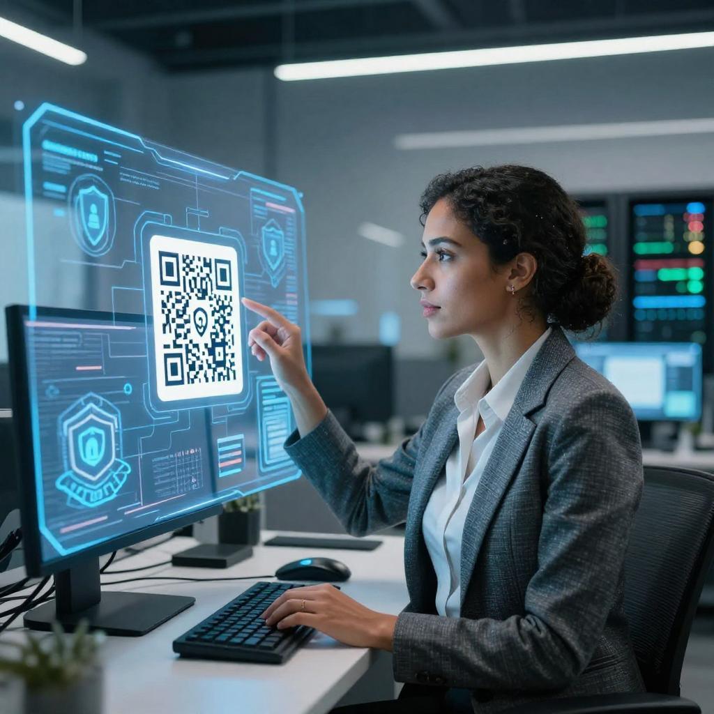 A high-tech office environment featuring a confident Latinx cybersecurity professional, wearing smart business casual attire, closely examining a large transparent digital screen displaying multiple QR codes surrounded by secure network icons and shield symbols. The background includes modern computers and data servers with holographic security graphs and zero-trust architecture diagrams glowing softly. The atmosphere conveys cutting-edge technology and vigilance, highlighting best practices for zero-trust security in QR code campaigns through a sleek, futuristic, and professional setting.