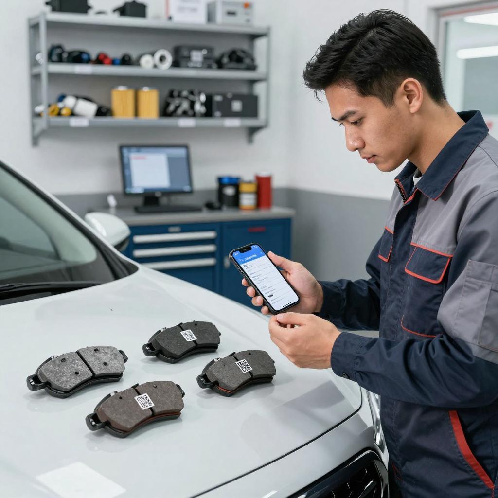 A modern automotive workshop scene featuring a sleek car with visible QR codes on spare parts such as brake pads, filters, and engine components. A Latino mechanic in professional workwear is scanning a QR code on a spare part using a smartphone, accessing detailed service history and specifications displayed digitally. The background shows organized shelves with labeled spare parts, toolbox, and a service computer station. The lighting is bright and clean, highlighting the integration of technology in automotive maintenance, emphasizing efficiency and accuracy in the industry.