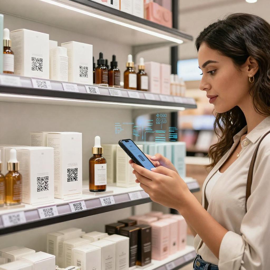 A sleek, modern beauty and cosmetics store setting showcasing various high-end skincare and makeup products on elegant shelves. Prominently featured on each product is a clear, scannable QR code label designed for ingredient transparency and authenticity verification. A confident Latin woman with glowing skin, dressed in stylish casual attire, is using her smartphone to scan a QR code on a beautifully designed serum bottle. Soft, natural lighting highlights the clean packaging and crisp QR codes, emphasizing trust, transparency, and innovation in the beauty industry. The background includes subtle digital graphics symbolizing data flow and ingredient information being accessed instantly.