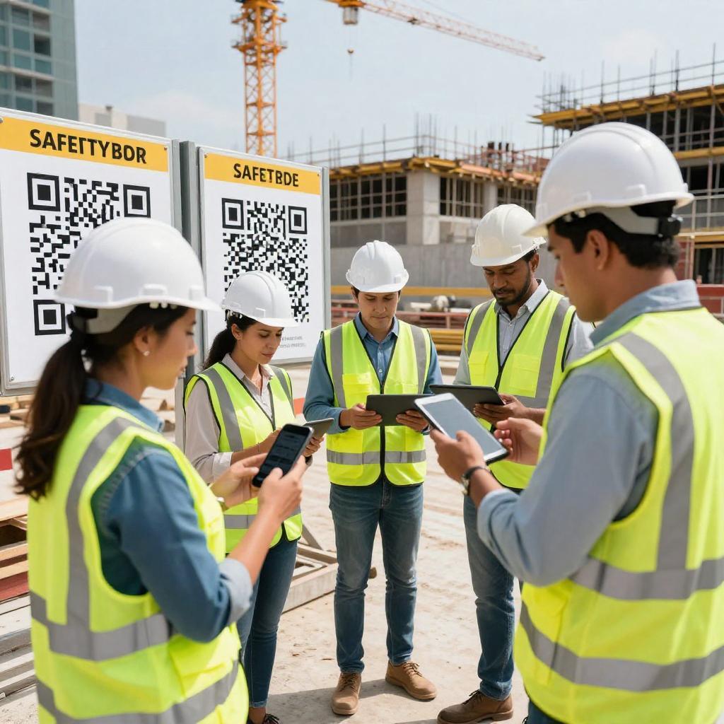 A realistic, professional construction site scene featuring a diverse team of Latin American construction workers and project managers actively engaged in site safety and progress monitoring. Prominently visible are large, clearly displayed QR codes attached to safety signs, equipment, and site progress boards. Workers wearing high-visibility vests and hard hats scan the QR codes using smartphones and tablets, demonstrating modern digital project management practices. The background shows ongoing construction with cranes, scaffolding, and building materials, emphasizing a well-organized and safe work environment under clear daylight. The overall atmosphere conveys efficient, technology-driven construction and project management focused on site safety and real-time progress tracking.