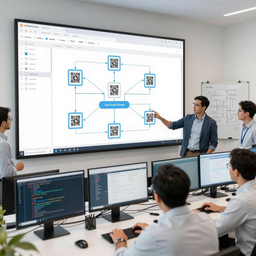 A modern office environment featuring a group of Latin professionals collaborating on a large digital touchscreen displaying a complex database schema for QR code management. The touchscreen shows interconnected tables, data flows, and scalable architecture diagrams with QR code icons integrated into the design. The setting includes multiple monitors with code and data analytics visible, whiteboards with flowcharts in the background, and the team actively discussing strategies. The atmosphere is bright, clean, and tech-focused, emphasizing innovation and large-scale data infrastructure.