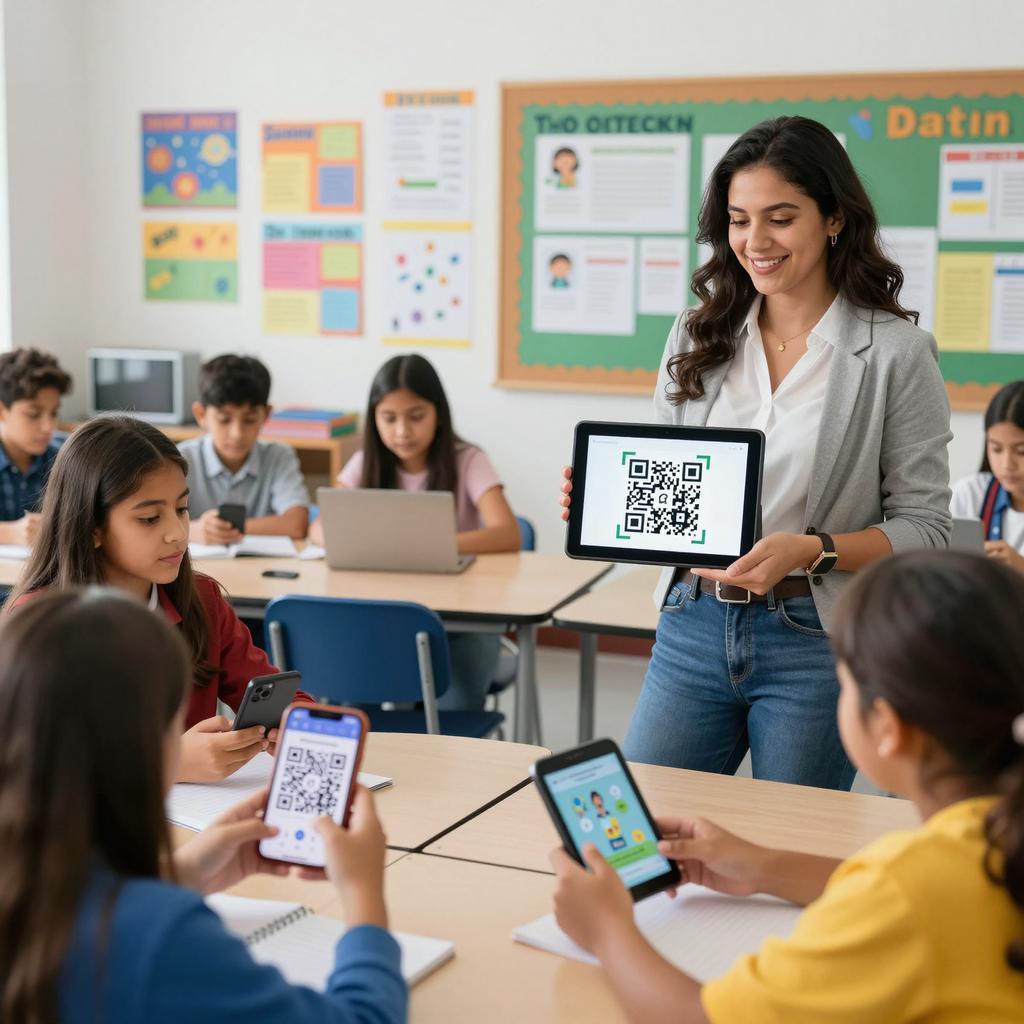 A bright, modern classroom setting featuring a diverse group of attentive Latinx students engaging with interactive learning materials. In the foreground, a confident Latinx teacher is holding a tablet, displaying a large, clear QR code on the screen. Several students are scanning the QR codes with their smartphones or tablets, accessing digital content such as videos, quizzes, and educational games. The classroom walls are decorated with colorful educational posters and charts, emphasizing technology integration. Natural light fills the room, highlighting the collaborative and innovative atmosphere fostered by education technology.