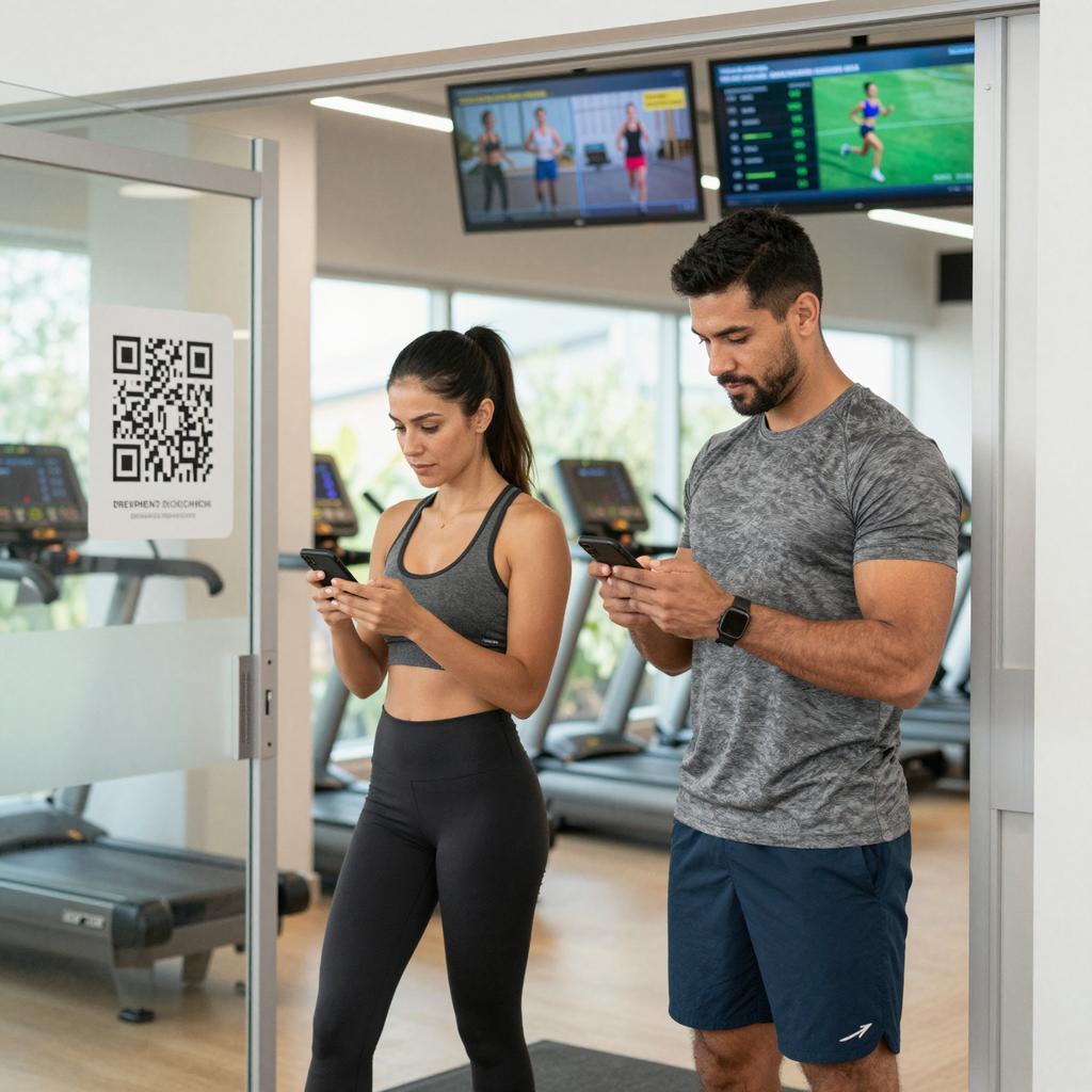 A bright, modern gym setting featuring a fit Latin man and woman using their smartphones to scan sleek QR codes displayed at the entrance and near workout stations. The gym is equipped with high-tech fitness machines and digital screens showing real-time workout stats and progress tracking. Both individuals wear stylish, comfortable athletic wear, focusing intently on their devices as they seamlessly check in and log their exercises. The environment emphasizes wellness and technology integration, with clean lines, natural lighting, and vibrant, motivating colors.