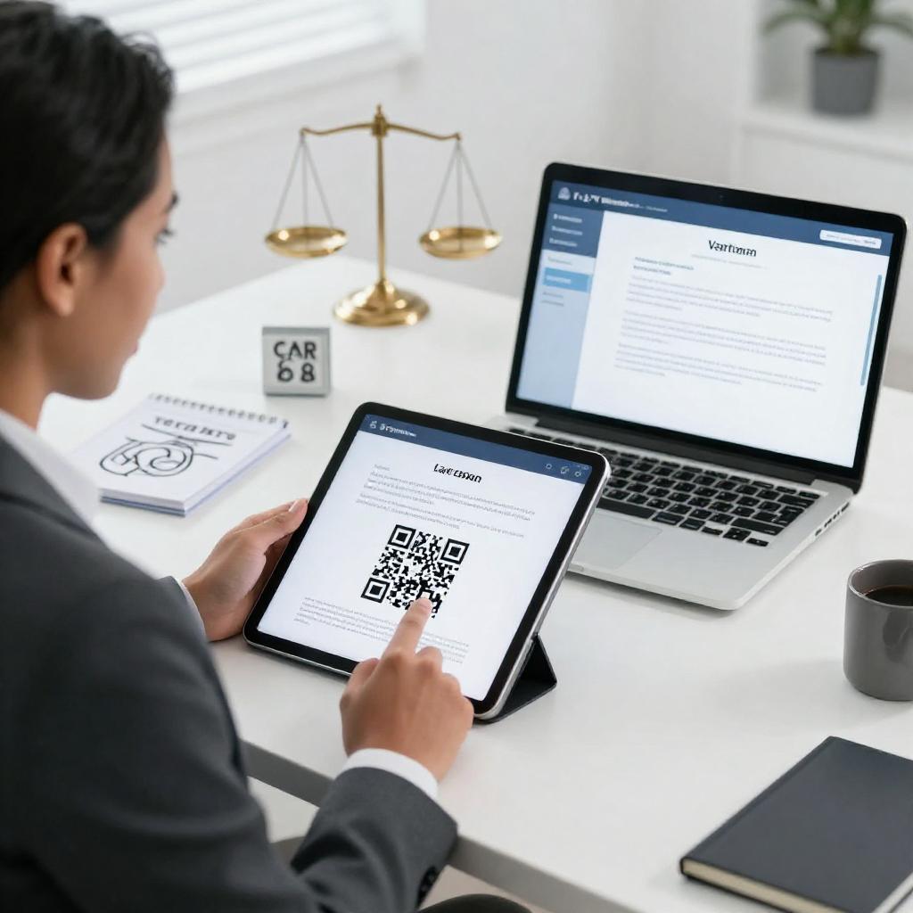 A clean, professional office setting featuring a Latinx individual in business attire sitting at a modern desk, interacting with a digital tablet that displays a legal document with an embedded QR code. The scene highlights the process of document verification and signing using advanced technology. On the desk, a sleek laptop shows a verification interface confirming the document’s authenticity. In the background, subtle legal symbols such as scales of justice and notarization stamps are visible, emphasizing trust and security. The overall atmosphere is bright, focused, and technologically advanced, conveying the integration of QR codes in legal and notarization processes.