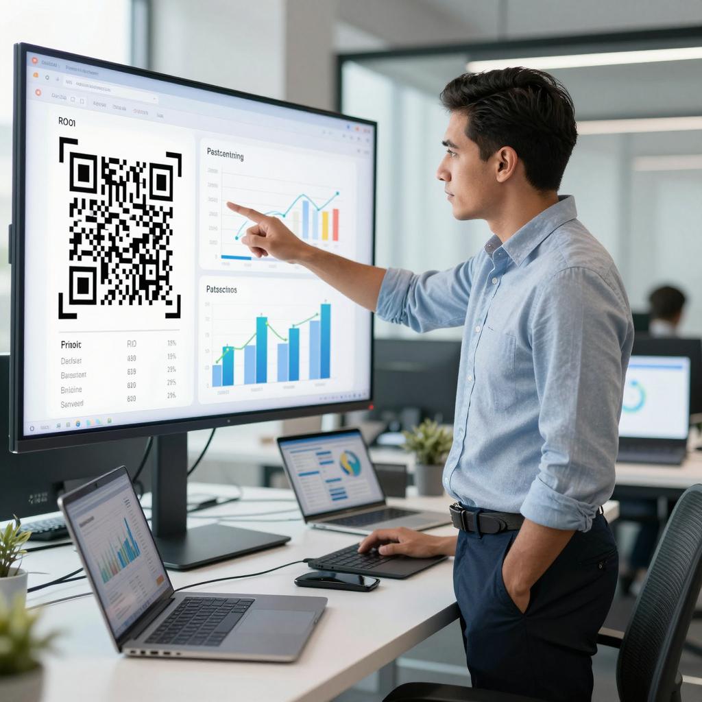 A modern office setting featuring a Latino business professional, dressed in smart casual attire, analyzing data on a large digital screen displaying QR code analytics, charts, and graphs related to ROI, attribution, and conversion metrics. The background includes a sleek workspace with laptops and dashboards, emphasizing a high-tech environment focused on marketing analytics and performance measurement. The lighting is bright and natural, highlighting the professional’s focused expression as they point to key data points on the screen.