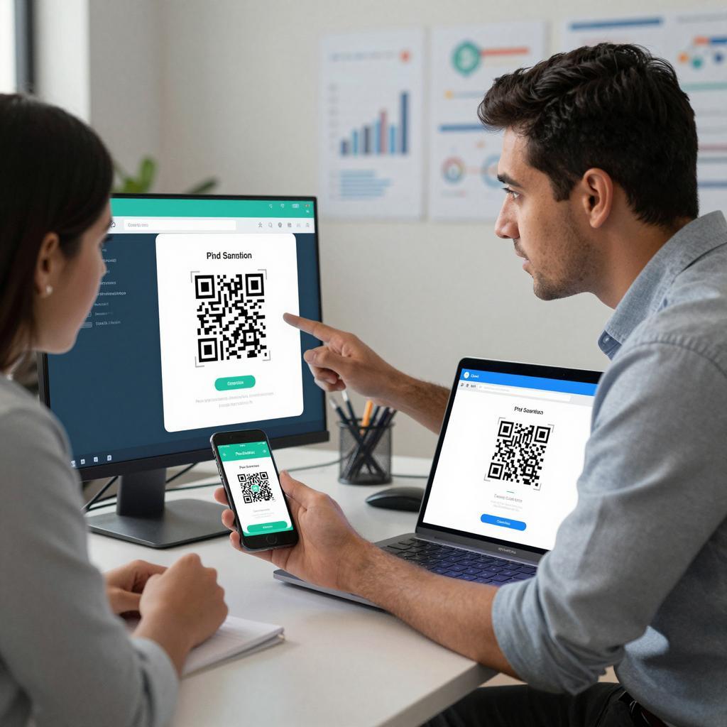 A professional and realistic scene depicting a Latin American man and woman engaged in a tech discussion, comparing mobile app and browser QR scanning methods. The setting is a modern office with digital devices on a desk, including a smartphone displaying a QR code scanning app and a laptop showing a browser-based QR scanner interface. Soft natural lighting highlights their focused expressions as they point towards the screens, symbolizing decision-making. The background includes subtle tech-themed elements like charts and icons representing connectivity and data flow, emphasizing the theme of choosing the right QR scanning approach.