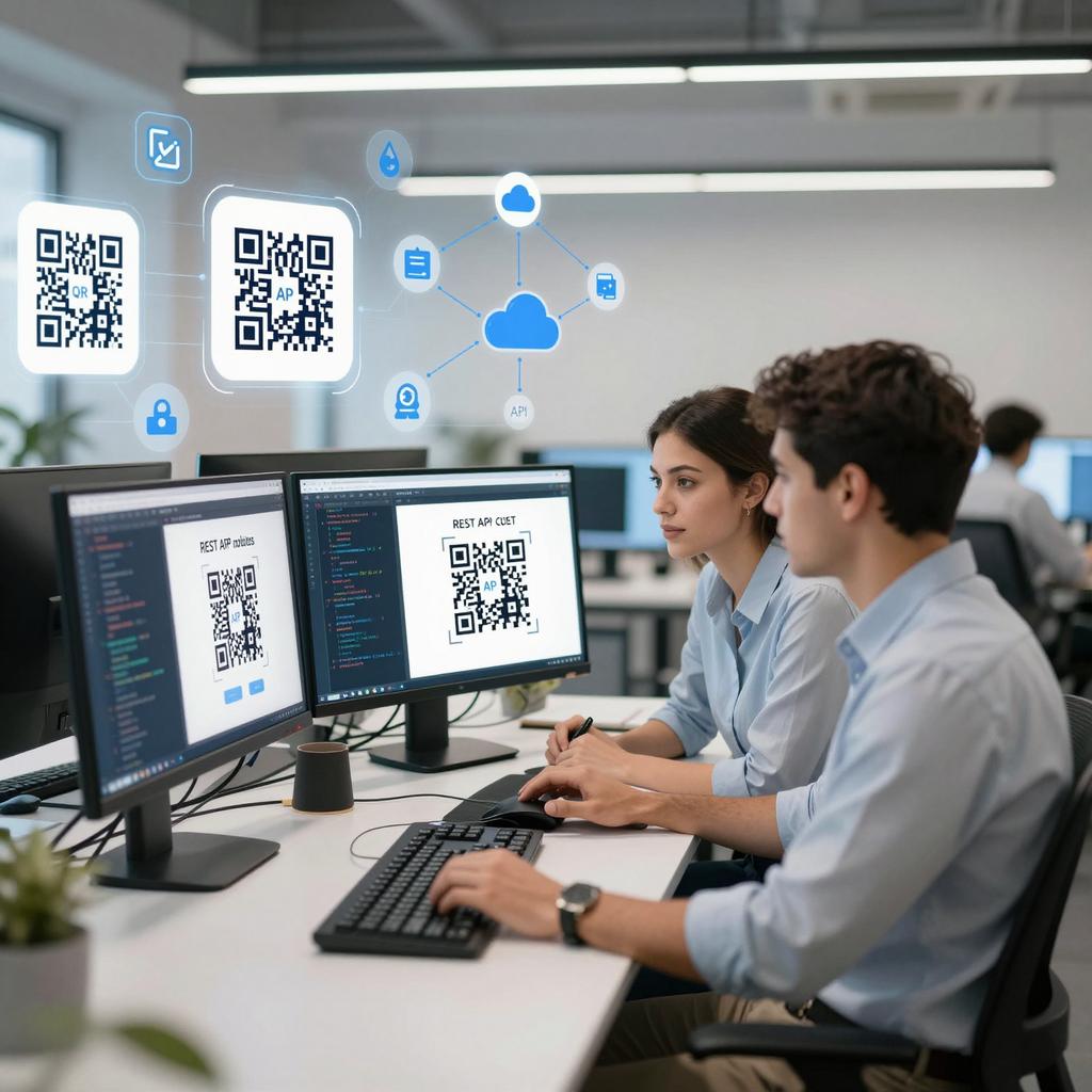 A modern, sleek office environment with a focused Latin male and female software developers collaborating on a project. They are seated at a desk with multiple computer monitors displaying code and QR codes, showcasing REST API integration for custom QR solutions. The background features digital UI elements floating in the air, such as QR code icons, API connection diagrams, and cloud symbols, symbolizing connectivity and innovation. The lighting is bright and professional, emphasizing a tech-driven atmosphere centered around building advanced QR code platforms.