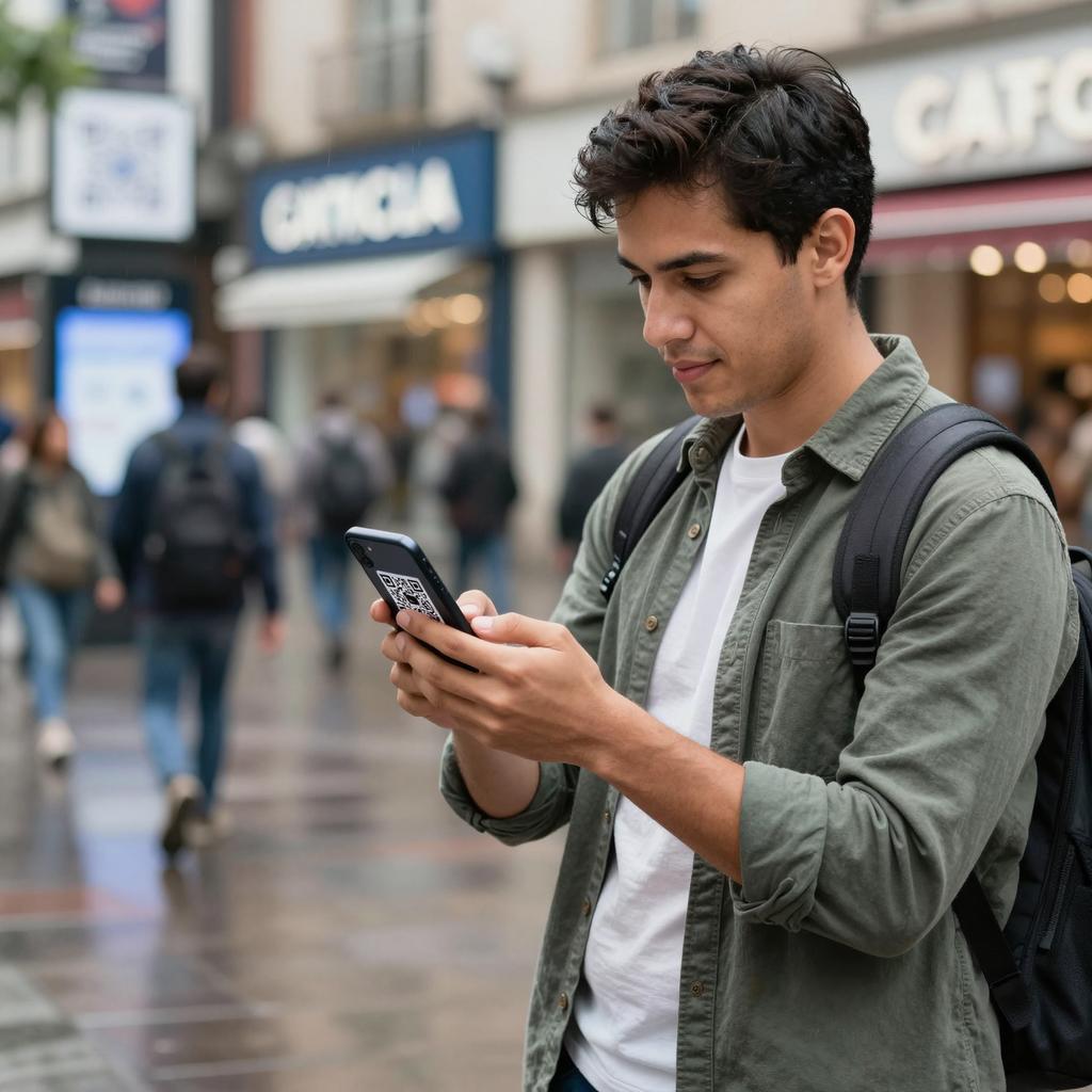 A realistic, professional image depicting a Latin person scanning a QR code on a smartphone in a busy urban environment under various real-world conditions. The scene includes natural daylight with some shadows, moderate rain, and reflective surfaces, highlighting challenges to QR code scanning reliability. The person is focused and confident, wearing casual modern clothing, with technology devices visible around. The background shows elements like storefronts, digital signs, and diverse pedestrians, emphasizing a dynamic, real-life setting where QR code optimization is essential. The overall tone is clean and tech-forward, illustrating the practical application and reliability improvements of QR code scanning.