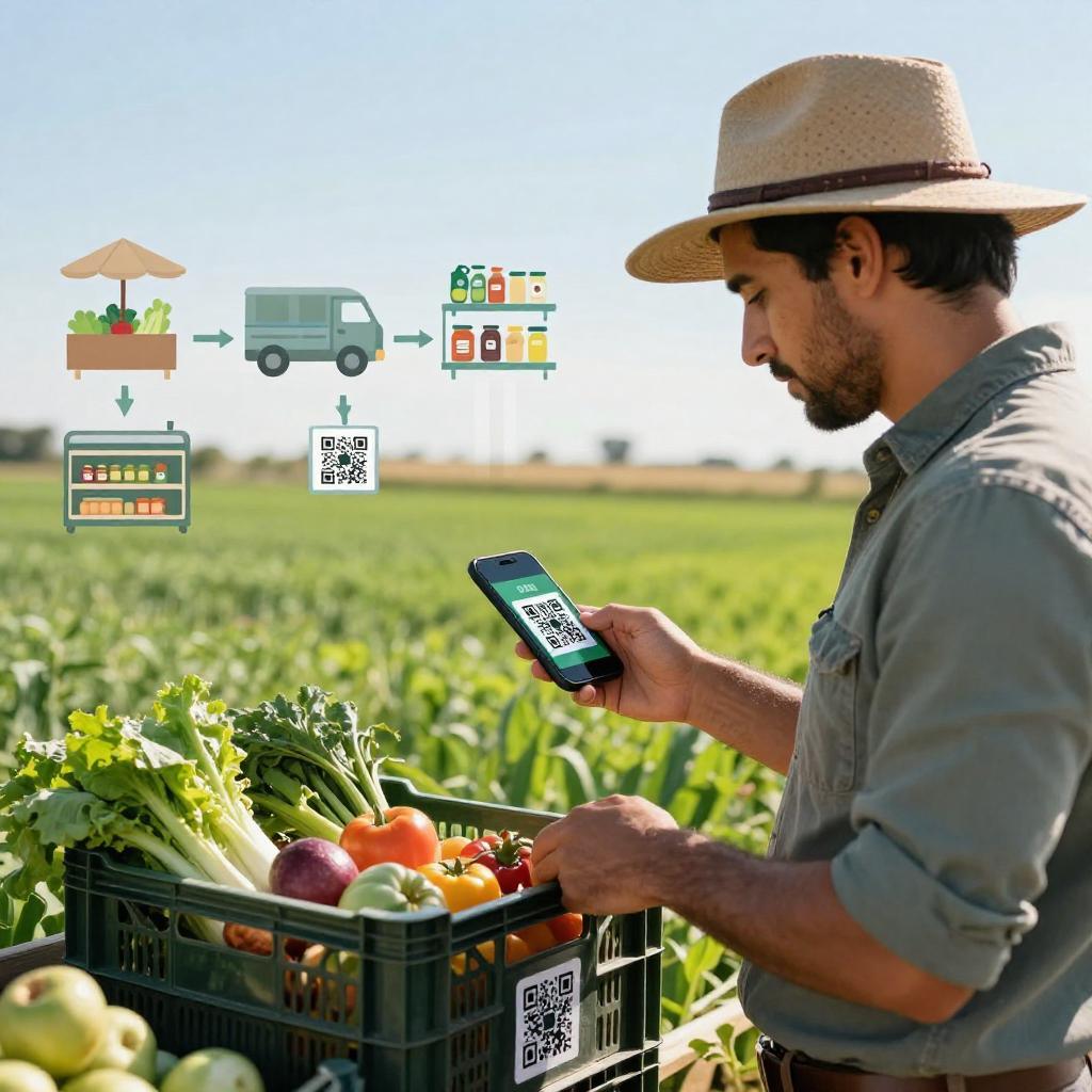 A realistic, clean image depicting a modern agricultural setting with a Latin farmer in a wide-brimmed hat standing in a lush green field, holding a smartphone scanning a QR code attached to fresh produce crates. In the background, a farm-to-table supply chain is illustrated with subtle icons or transparent overlay showing stages: harvesting, packaging, transportation, and a grocery store shelf with QR codes on food products. The scene highlights technology integration in agriculture, emphasizing traceability and transparency from farm to table, with warm natural lighting and a clear blue sky.