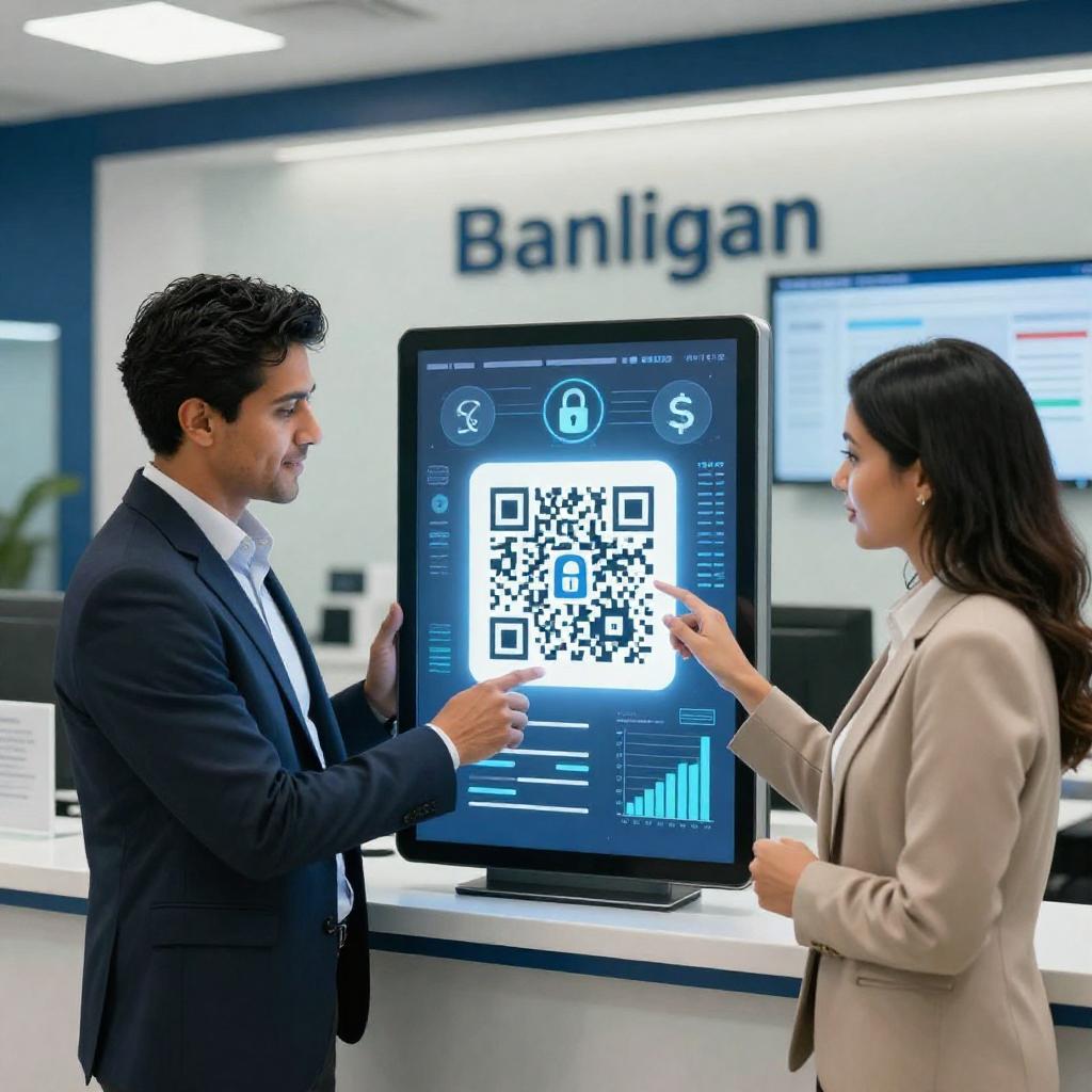 A clean, professional, and realistic image depicting a modern banking environment focused on secure transactions using QR codes. In the foreground, a confident Latin American man and woman, both dressed in smart business attire, are engaging with a large digital screen displaying a glowing QR code and various financial icons such as secure locks, currency symbols, and transaction graphs. The background shows a sleek bank interior with subtle branding and digital interfaces, emphasizing advanced technology and security. The overall atmosphere conveys trust, innovation, and the seamless integration of QR code technology in banking and financial services.