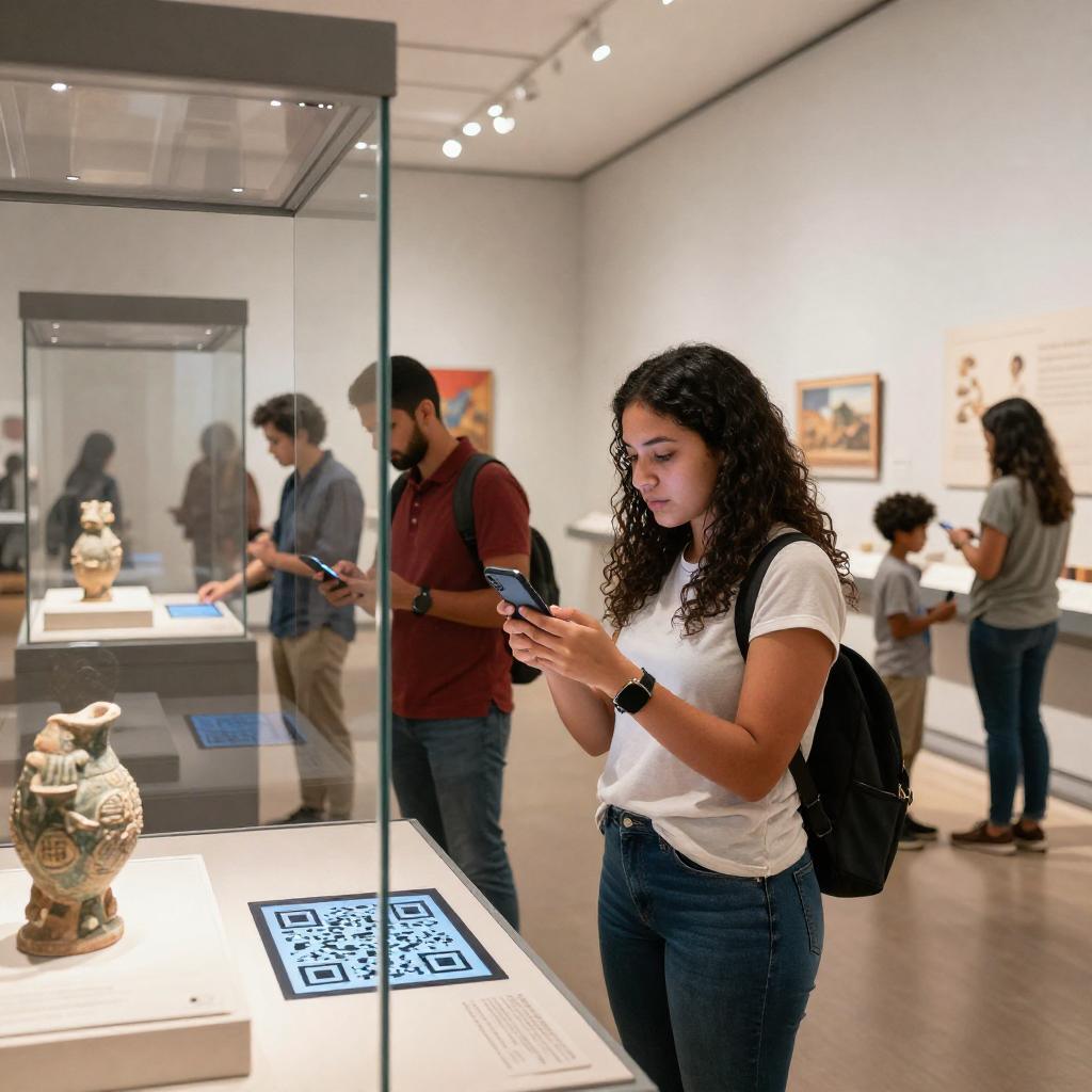 A modern museum gallery scene featuring a group of Latinx visitors engaged in immersive learning through technology. The focus is on a young Latinx woman scanning a prominently displayed QR code next to an ancient artifact with her smartphone. Around her, diverse Latinx individuals, including a man and a child, interact with digital displays and informational panels. The environment is bright and spacious, with sleek museum design elements such as clean glass cases, soft lighting, and culturally rich exhibits in the background. The image conveys an innovative and educational atmosphere where QR codes enhance visitor engagement and provide interactive, multimedia content about the cultural artifacts.