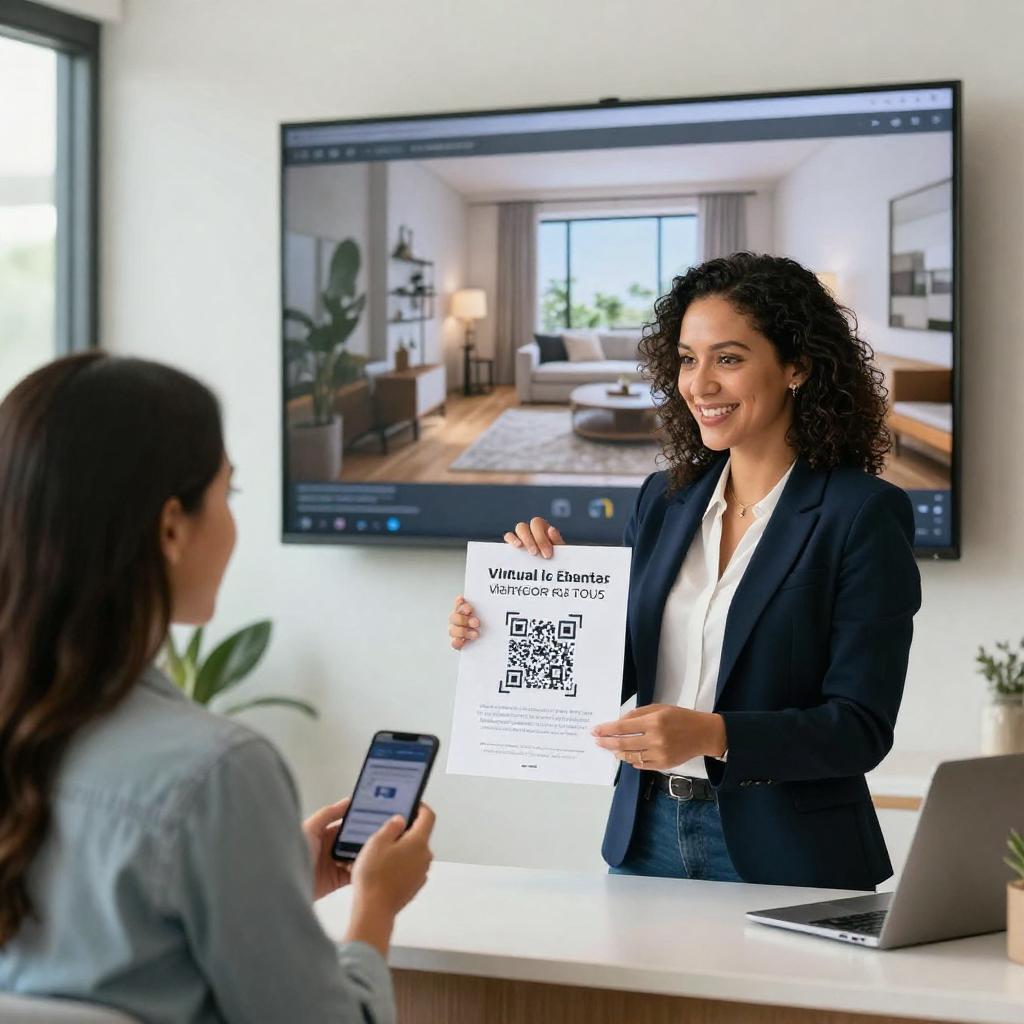 A modern real estate office setting featuring a confident Latinx real estate agent presenting a sleek printed flyer with a prominent QR code for virtual property tours. The agent is engaging with a young Latinx couple, showing them how to scan the code on their smartphones. In the background, a large digital screen displays a high-definition virtual tour of a stylish home interior. The scene conveys professionalism and technology seamlessly integrated into the home buying process, with natural lighting and contemporary décor emphasizing a welcoming atmosphere.