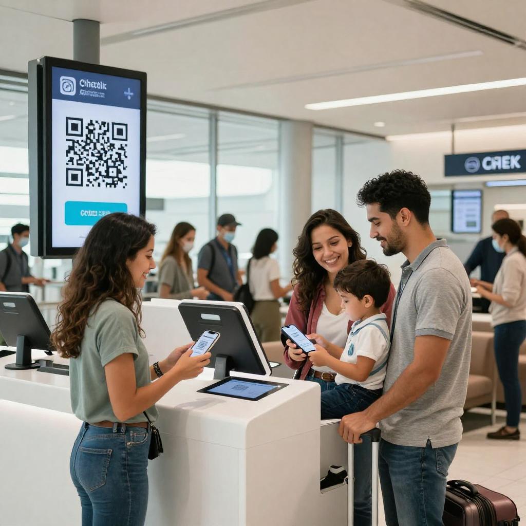 A bright, modern travel setting featuring a welcoming Latin family using QR codes for contactless experiences. The scene shows a stylish airport lounge with large digital signage displaying QR codes for check-in and information services. The Latin family, casually dressed and smiling, holds smartphones scanning the QR codes at sleek kiosks and touchless counters. Around them, diverse travelers maintain social distance, and staff wear friendly expressions. Natural light fills the spacious area with clean, minimalistic design elements emphasizing safety, convenience, and advanced technology in travel and tourism.