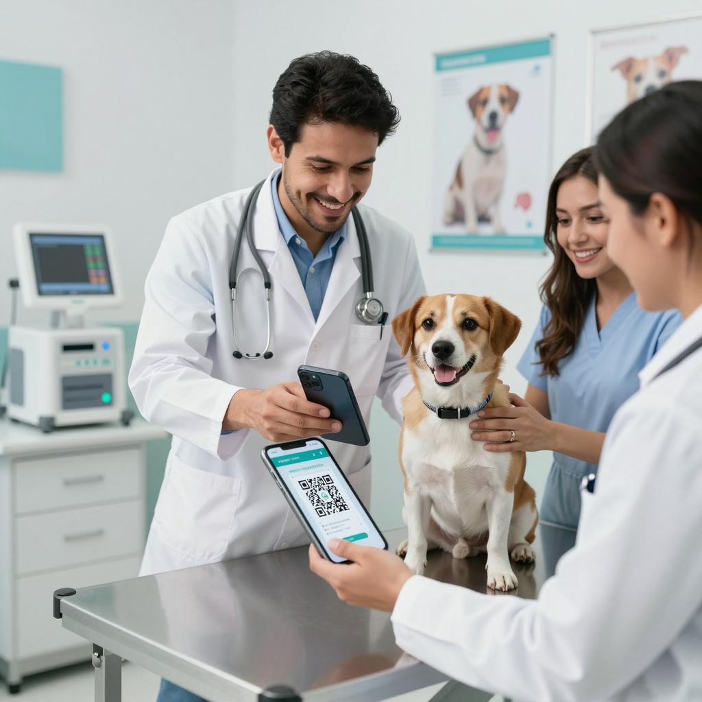 A modern veterinary clinic scene featuring a caring Latin veterinarian scanning a QR code on a pet’s collar using a sleek smartphone. The setting is bright and clean, with medical equipment and pet care posters in the background. The QR code visibly links to detailed digital medical records and vaccination history displayed on a tablet screen held by an assistant. Nearby, a happy dog sits calmly on the examination table, while a cheerful Latin pet owner looks on with trust and relief. The overall atmosphere conveys advanced, tech-savvy veterinary services focused on efficient and organized pet healthcare management.