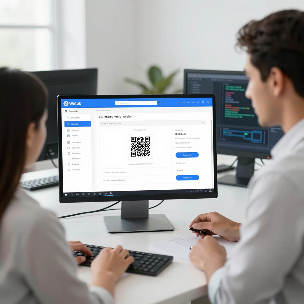 A clean, modern workspace featuring a professional Latin man and woman collaborating on a computer screen displaying webhook management software for QR code campaigns. The screen shows a sleek dashboard with automated workflows triggering actions immediately after QR codes are scanned. The environment is bright with natural light, minimalistic decor, and subtle tech elements like charts and code snippets visible on monitors. The individuals are focused and engaged, symbolizing efficiency and seamless automation in marketing technology.