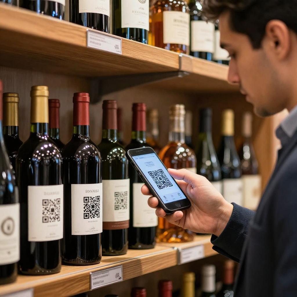A high-resolution, professional image depicting a sophisticated wine and spirits shop interior with elegantly displayed bottles of wine and whiskey on polished wooden shelves. In the foreground, a Latin man in his 30s, dressed in smart casual attire, is using a modern smartphone to scan a prominently visible QR code on a premium wine bottle label. The QR code label is sleek and clearly designed to convey authenticity and provenance. Soft, natural lighting highlights the rich colors of the bottles and the clarity of the QR codes. The background subtly includes additional wine bottles with similar QR code labels, emphasizing the theme of anti-counterfeiting and traceability in the premium wine and spirits industry. The overall mood is trustworthy, innovative, and professional.