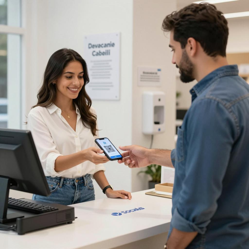 A modern, bright retail environment featuring a Latin American woman and a Latin American man engaging in a contactless payment transaction using QR codes on their smartphones. The woman is smiling as she holds her phone displaying a QR code, while the man, standing behind a sleek, cash register-free counter, scans the code with a handheld device. Both are dressed in smart casual attire, conveying a professional yet approachable vibe. In the background, clear signage emphasizes hygiene and safety with subtle post-pandemic elements like hand sanitizer dispensers and socially distanced floor markers. The overall atmosphere highlights the convenience, security, and widespread adoption of QR code payments as the new standard in retail transactions.