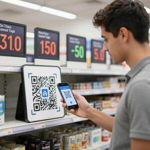 A modern retail setting featuring a young Latino man scanning a prominently displayed QR code with his smartphone. In the background, digital price tags on shelves dynamically update in real-time, showcasing changing prices. The scene highlights advanced technology integration with a clean, bright store interior emphasizing innovation and convenience. The focus is on the interaction between the QR code and the digital pricing system, conveying the concept of dynamic pricing and instant price adjustments through smart devices.