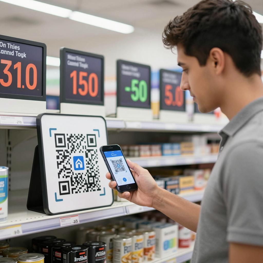 A modern retail setting featuring a young Latino man scanning a prominently displayed QR code with his smartphone. In the background, digital price tags on shelves dynamically update in real-time, showcasing changing prices. The scene highlights advanced technology integration with a clean, bright store interior emphasizing innovation and convenience. The focus is on the interaction between the QR code and the digital pricing system, conveying the concept of dynamic pricing and instant price adjustments through smart devices.