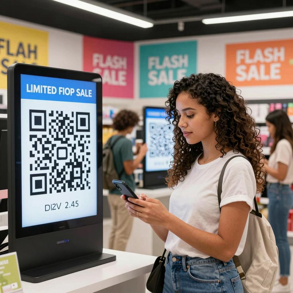A vibrant, modern retail environment featuring a Latinx young woman quickly scanning a large, prominently displayed QR code with her smartphone. Around her, digital signage and colorful banners highlight a limited-time flash sale, displaying countdown timers and discount percentages. The scene captures a sense of urgency and excitement, with other shoppers in the background also engaging with QR codes on various products. The setting is bright and professional, emphasizing technology-driven shopping and seamless mobile interaction to drive conversions.