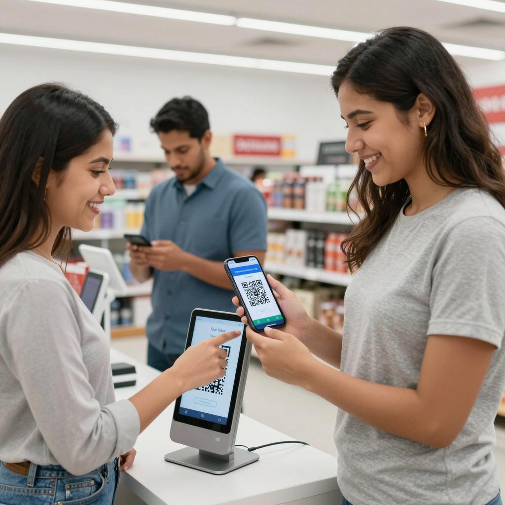 A clean, modern retail environment with a diverse group of Latinx customers interacting seamlessly with various digital interfaces. In the foreground, a young Latinx woman is effortlessly scanning a QR code displayed on a sleek product stand using her smartphone, smiling as the checkout process completes instantly. Nearby, another Latinx man uses his phone to scan a QR code on a touchscreen kiosk, eliminating wait times. The background shows a bright, well-organized store with clear signage highlighting digital shortcuts and contactless options. The overall atmosphere conveys ease, efficiency, and the reduction of friction in the customer journey through the use of QR codes as seamless shortcuts.