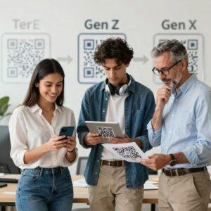 A clean, modern office setting with three Latin individuals representing Millennials, Gen Z, and Gen X generations, each interacting with QR codes in distinct ways. The Millennial, a casually dressed woman in her early 30s, is scanning a QR code on her smartphone while smiling confidently. The Gen Z individual, a trendy young man in his early 20s with headphones around his neck, is using a tablet to generate a QR code for sharing. The Gen X person, a professional man in his mid-50s wearing business casual attire and glasses, is examining a printed QR code on a brochure thoughtfully. The background features subtle infographic-style elements illustrating generational trends in QR code usage, with a neutral, bright color palette and natural lighting to emphasize clarity and professionalism.