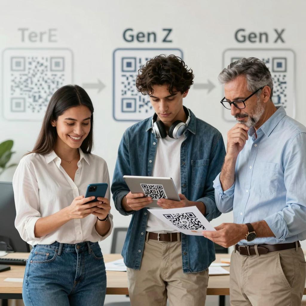 A clean, modern office setting with three Latin individuals representing Millennials, Gen Z, and Gen X generations, each interacting with QR codes in distinct ways. The Millennial, a casually dressed woman in her early 30s, is scanning a QR code on her smartphone while smiling confidently. The Gen Z individual, a trendy young man in his early 20s with headphones around his neck, is using a tablet to generate a QR code for sharing. The Gen X person, a professional man in his mid-50s wearing business casual attire and glasses, is examining a printed QR code on a brochure thoughtfully. The background features subtle infographic-style elements illustrating generational trends in QR code usage, with a neutral, bright color palette and natural lighting to emphasize clarity and professionalism.
