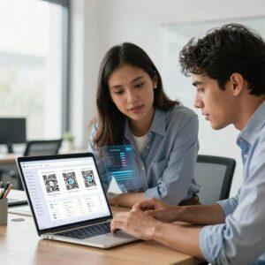 A modern office environment with a young Latin man and woman collaborating closely over a sleek laptop displaying a CRM dashboard. The laptop screen shows QR codes dynamically linking to customer data, symbolizing seamless data flow between QR codes and the CRM system. Bright natural light fills the room, highlighting digital interfaces and subtle holographic overlays representing real-time data transfer. The scene conveys efficiency, connectivity, and technological integration in a professional and innovative workspace.