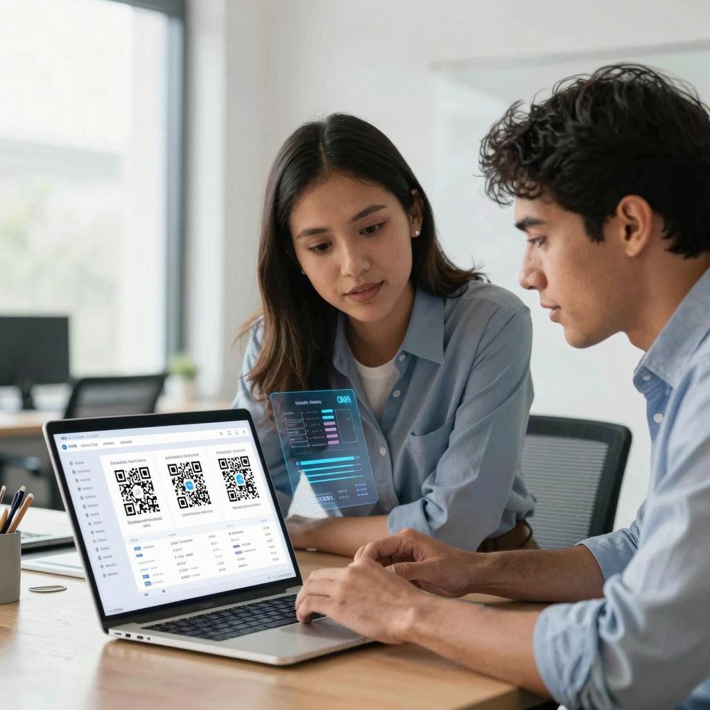 A modern office environment with a young Latin man and woman collaborating closely over a sleek laptop displaying a CRM dashboard. The laptop screen shows QR codes dynamically linking to customer data, symbolizing seamless data flow between QR codes and the CRM system. Bright natural light fills the room, highlighting digital interfaces and subtle holographic overlays representing real-time data transfer. The scene conveys efficiency, connectivity, and technological integration in a professional and innovative workspace.