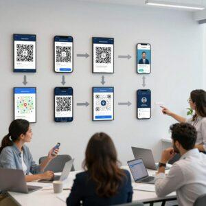A clean, modern office environment where a diverse group of Latin professionals are interacting with multi-destination QR codes displayed on various digital screens and smartphones. The scene highlights the seamless routing of users based on context, showing different user interfaces on the devices directing to distinct destinations such as websites, apps, and location maps. The setting is bright and tech-forward, with subtle digital elements like flowcharts or arrows illustrating the dynamic routing process. The individuals appear engaged and collaborative, emphasizing innovation and user-centric technology.
