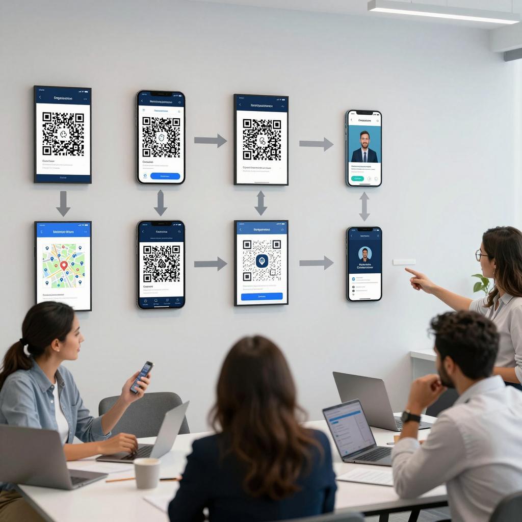 A clean, modern office environment where a diverse group of Latin professionals are interacting with multi-destination QR codes displayed on various digital screens and smartphones. The scene highlights the seamless routing of users based on context, showing different user interfaces on the devices directing to distinct destinations such as websites, apps, and location maps. The setting is bright and tech-forward, with subtle digital elements like flowcharts or arrows illustrating the dynamic routing process. The individuals appear engaged and collaborative, emphasizing innovation and user-centric technology.