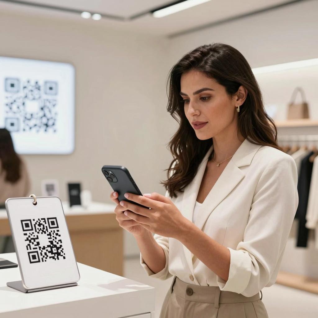 Create a clean, modern, and professional image depicting a Latina personal shopper integrating technology for virtual consultations. The scene shows a stylish Latina woman holding a smartphone, scanning a QR code displayed on a sleek store display or a product tag. The background features a contemporary retail environment with minimalist design, soft lighting, and digital screens subtly indicating virtual shopping options. The setting conveys seamless integration of QR codes, highlighting convenience and innovation in personal shopping experiences. The woman’s expression is confident and engaged, emphasizing personalized service through technology.