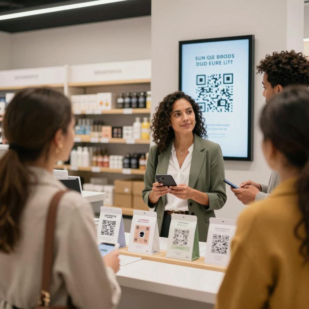 A modern retail setting featuring a confident Latinx salesperson engaging with a diverse group of customers as they scan QR codes displayed on sleek digital signage and product packaging. The scene highlights various bundled products arranged neatly, emphasizing cross-selling opportunities. The background shows a well-lit store environment with subtle branding, and the overall atmosphere is professional, inviting, and tech-savvy, illustrating effective QR code bundle deals and cross-selling strategies in action.