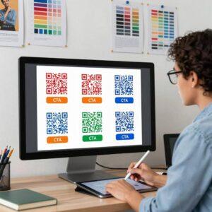 A modern, professional workspace scene featuring a Latinx graphic designer in their late 20s thoughtfully analyzing a large digital display showing multiple QR code designs. The screen highlights different color placements within the QR codes—bright reds, blues, and greens strategically positioned to enhance visual appeal and scanning efficiency. Accompanying the designs are clear call-to-action (CTA) buttons in contrasting colors like bold orange and deep blue, optimized for maximum user engagement. The designer is dressed casually in a smart shirt and glasses, using a stylus pen to make notes on a digital tablet. The background includes design books and color theory charts pinned to a clean, minimalist wall, emphasizing the psychological impact of color in marketing and user interaction. The overall scene conveys a focused, creative atmosphere centered on the science of QR code design psychology, color strategy, and CTA optimization.