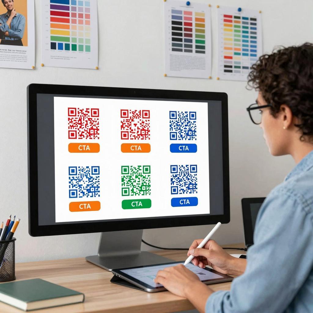 A modern, professional workspace scene featuring a Latinx graphic designer in their late 20s thoughtfully analyzing a large digital display showing multiple QR code designs. The screen highlights different color placements within the QR codes—bright reds, blues, and greens strategically positioned to enhance visual appeal and scanning efficiency. Accompanying the designs are clear call-to-action (CTA) buttons in contrasting colors like bold orange and deep blue, optimized for maximum user engagement. The designer is dressed casually in a smart shirt and glasses, using a stylus pen to make notes on a digital tablet. The background includes design books and color theory charts pinned to a clean, minimalist wall, emphasizing the psychological impact of color in marketing and user interaction. The overall scene conveys a focused, creative atmosphere centered on the science of QR code design psychology, color strategy, and CTA optimization.