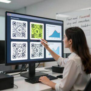 A professional, clean office setting with a focused Latina woman analyzing a large digital display of multiple QR codes on a sleek touchscreen monitor. The QR codes are shown with visual indicators of different error correction levels (L, M, Q, H) highlighted in vibrant colors, alongside graphs and charts that illustrate data recovery and scanning success rates. The woman is thoughtfully pointing at one of the QR codes while holding a stylus, symbolizing decision-making and technical evaluation. The background includes modern tech equipment and a whiteboard with handwritten notes about balancing error correction and data capacity. The overall atmosphere conveys precision, technical expertise, and the importance of choosing the right balance in QR code error correction.