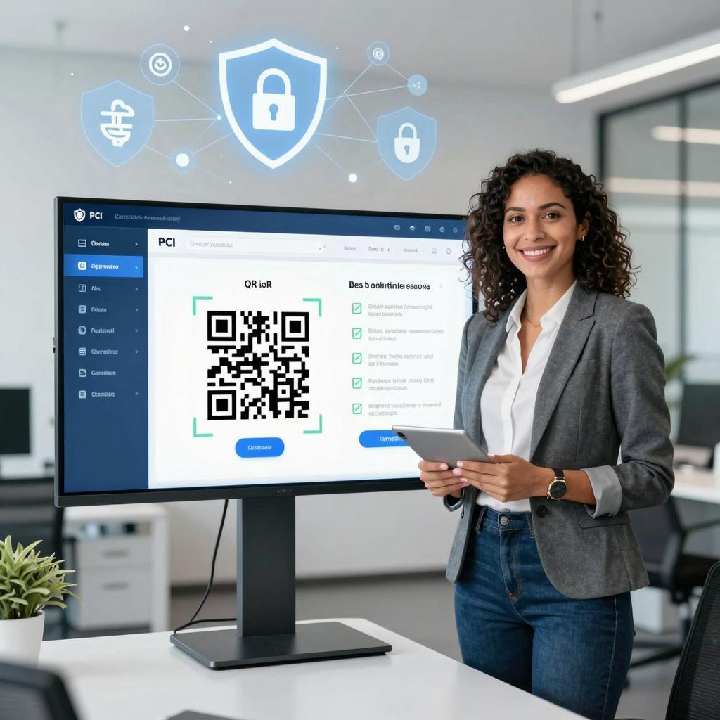 A clean, modern office environment featuring a confident Latinx IT professional, dressed in business casual attire, standing beside a large digital screen displaying a detailed, secure QR code payment interface. The screen highlights key PCI compliance icons and best practice checklists related to QR code payment security. The background shows sleek technology elements such as encrypted data symbols, shield icons representing cybersecurity, and interconnected networks, all emphasizing protection and compliance. The overall atmosphere is professional, trustworthy, and focused on advanced digital payment security measures.