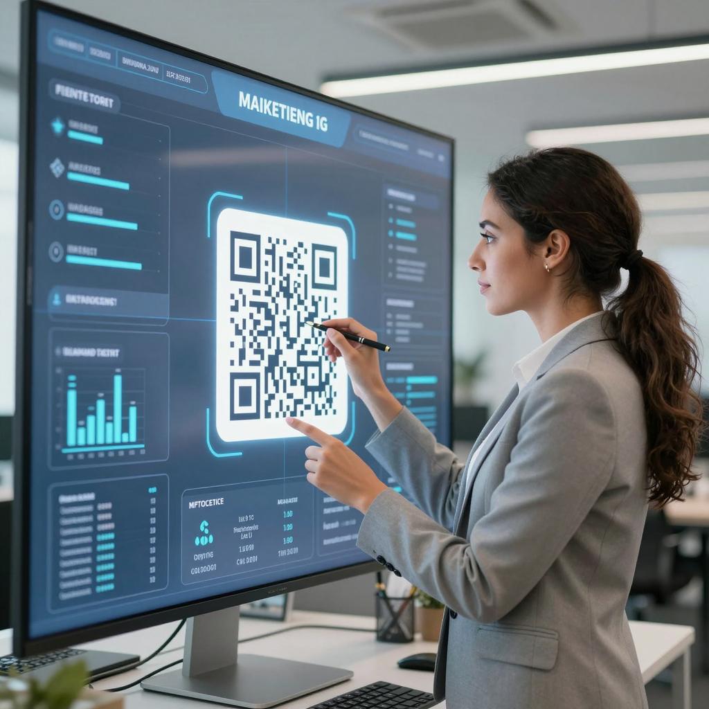 A modern, high-tech office environment featuring a focused Latin businesswoman scanning a sleek QR code displayed on a large digital screen. Around her, subtle holographic data streams illustrate pixel-based advertising metrics and user scan data flowing seamlessly into an advanced retargeting dashboard. The scene emphasizes cutting-edge marketing technology with clear visuals of QR codes, digital analytics, and targeted ad symbols, all presented in a clean, professional style with cool tones and sharp details.