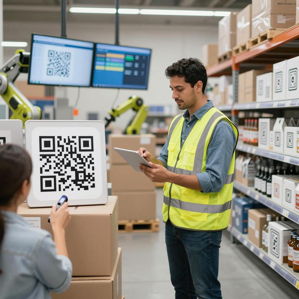 A bright, modern warehouse scene showing a Latin male worker wearing a high-visibility vest and holding a tablet, scanning a large QR code on a stacked pallet of boxes. In the background, robotic shelves and inventory screens display real-time stock updates. The scene transitions smoothly into a retail store setting where a Latin female employee scans QR codes on products neatly arranged on shelves, facilitating efficient inventory management from warehouse to store. The environment is clean, well-lit, and technologically advanced, emphasizing seamless integration of QR code scanning in supply chain operations.