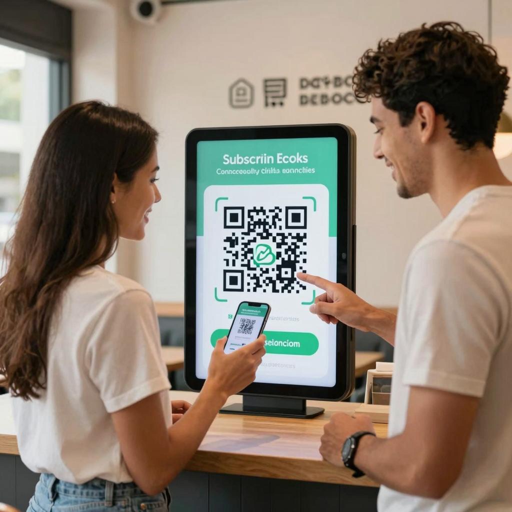 A clean, modern scene showing a young Latin man and woman standing together in a bright, stylish café. The woman is holding a smartphone scanning a large, prominently displayed QR code on a sleek digital screen promoting subscription services. Both are smiling, engaged in the seamless sign-up process. The background features subtle branding elements like minimalist text and icons related to subscriptions, with warm natural lighting highlighting the effortless, tech-forward experience. The overall atmosphere is professional, inviting, and emphasizes the convenience of using QR codes for quick, easy subscription registrations.