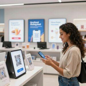 A modern retail environment showcasing the seamless integration of online and offline shopping through QR codes. In the foreground, a confident Latinx woman scans a QR code displayed on a sleek product shelf using her smartphone, symbolizing the merging of physical and digital retail experiences. Around her, a bright, stylish store interior features digital screens displaying personalized offers and product information. In the background, subtle graphical overlays illustrate data flow and connectivity between physical stores and online platforms, emphasizing omnichannel unity. The overall scene is clean, professional, and realistic, highlighting technology enhancing customer engagement in a multicultural retail setting.