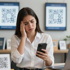 A realistic and professional scene depicting a Latin American person experiencing QR code fatigue. The setting is a modern office or retail environment with multiple QR codes displayed on screens, posters, and product packaging around them. The individual, a young Latin American woman or man, looks visibly tired and overwhelmed while holding a smartphone, struggling to scan yet another QR code. Soft, natural lighting highlights their expression of scanner burnout and frustration. The background subtly conveys the overuse of QR codes, emphasizing the problem of digital fatigue in everyday life. The overall tone is clean, focused, and empathetic, illustrating the need to prevent QR code scanner burnout.
