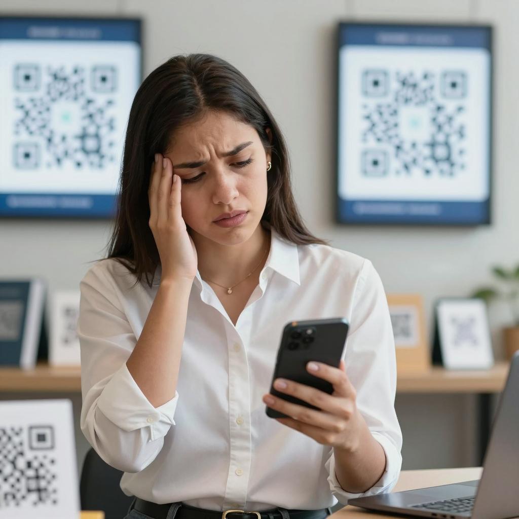 A realistic and professional scene depicting a Latin American person experiencing QR code fatigue. The setting is a modern office or retail environment with multiple QR codes displayed on screens, posters, and product packaging around them. The individual, a young Latin American woman or man, looks visibly tired and overwhelmed while holding a smartphone, struggling to scan yet another QR code. Soft, natural lighting highlights their expression of scanner burnout and frustration. The background subtly conveys the overuse of QR codes, emphasizing the problem of digital fatigue in everyday life. The overall tone is clean, focused, and empathetic, illustrating the need to prevent QR code scanner burnout.