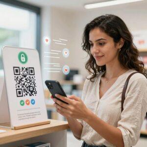 A clean, modern retail environment where a confident Latin woman is using her smartphone to scan a QR code displayed prominently on a well-designed product label. The scene emphasizes trust signals such as secure lock icons, verified badges, and clear privacy policy text near the QR code. Soft natural lighting highlights the woman’s focused expression, reinforcing a sense of security and ease. In the background, subtle digital overlays depict encrypted data transmission and positive feedback icons, symbolizing consumer confidence in safe QR code interactions. The overall composition is professional, realistic, and inviting, showcasing a seamless blend of technology and trust.